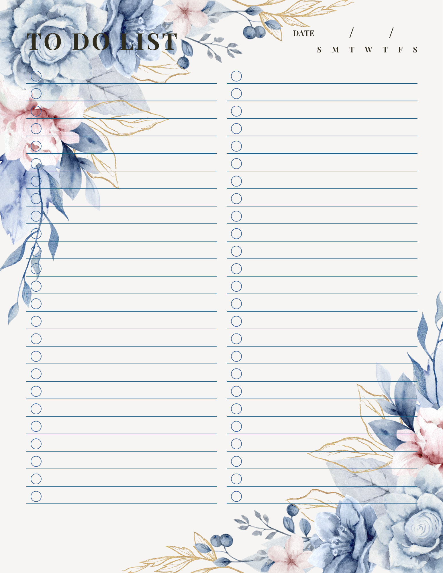 Blue Floral To Do List