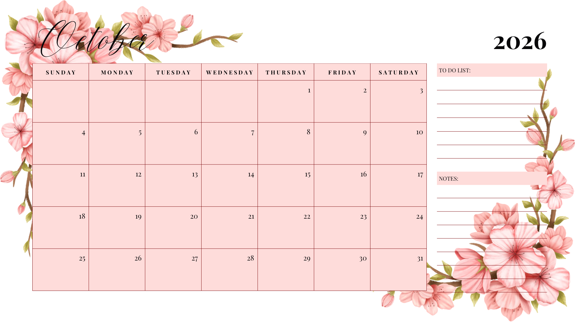 2026 Monthly Calendar