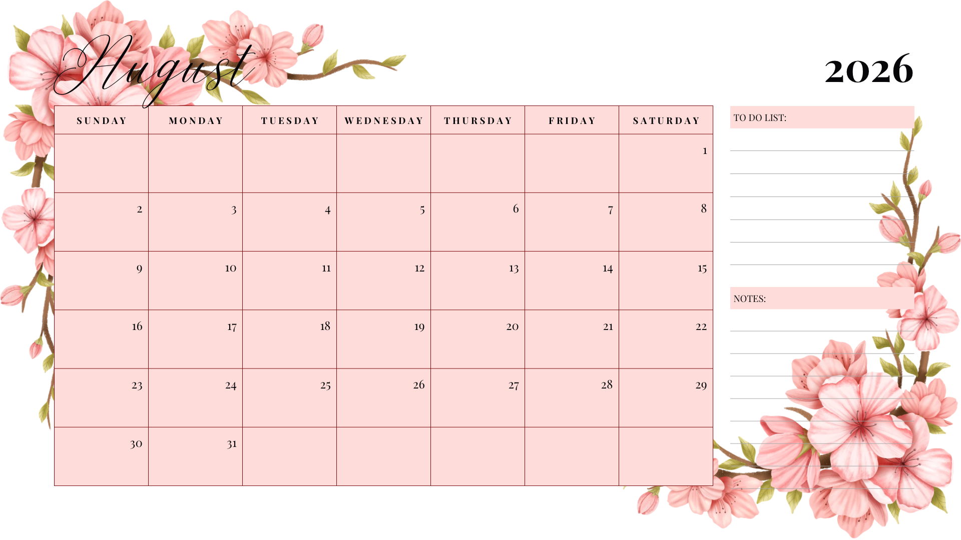 2026 Monthly Calendar