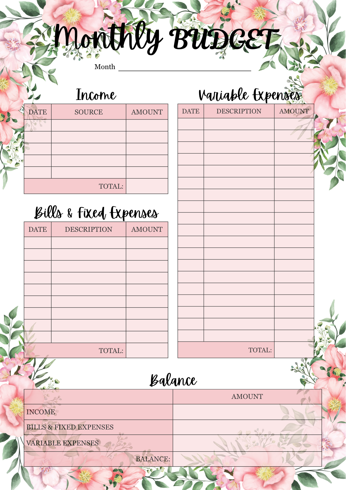Pink Floral Budget Planner