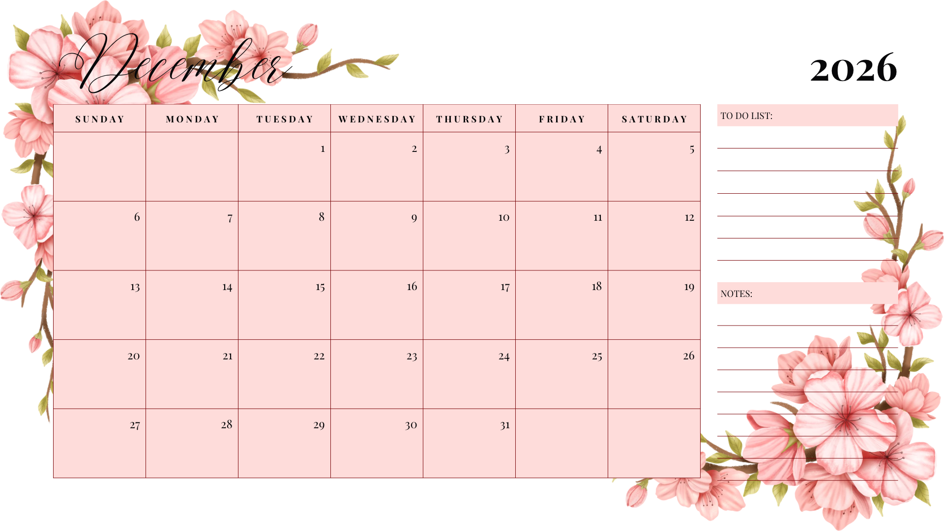 2026 Monthly Calendar