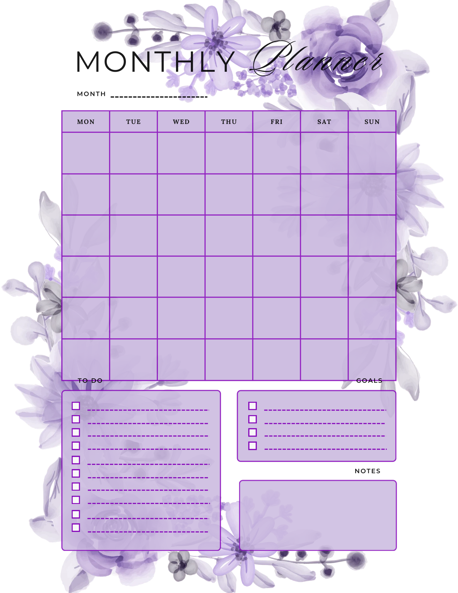 Purple Floral Monthly Planner
